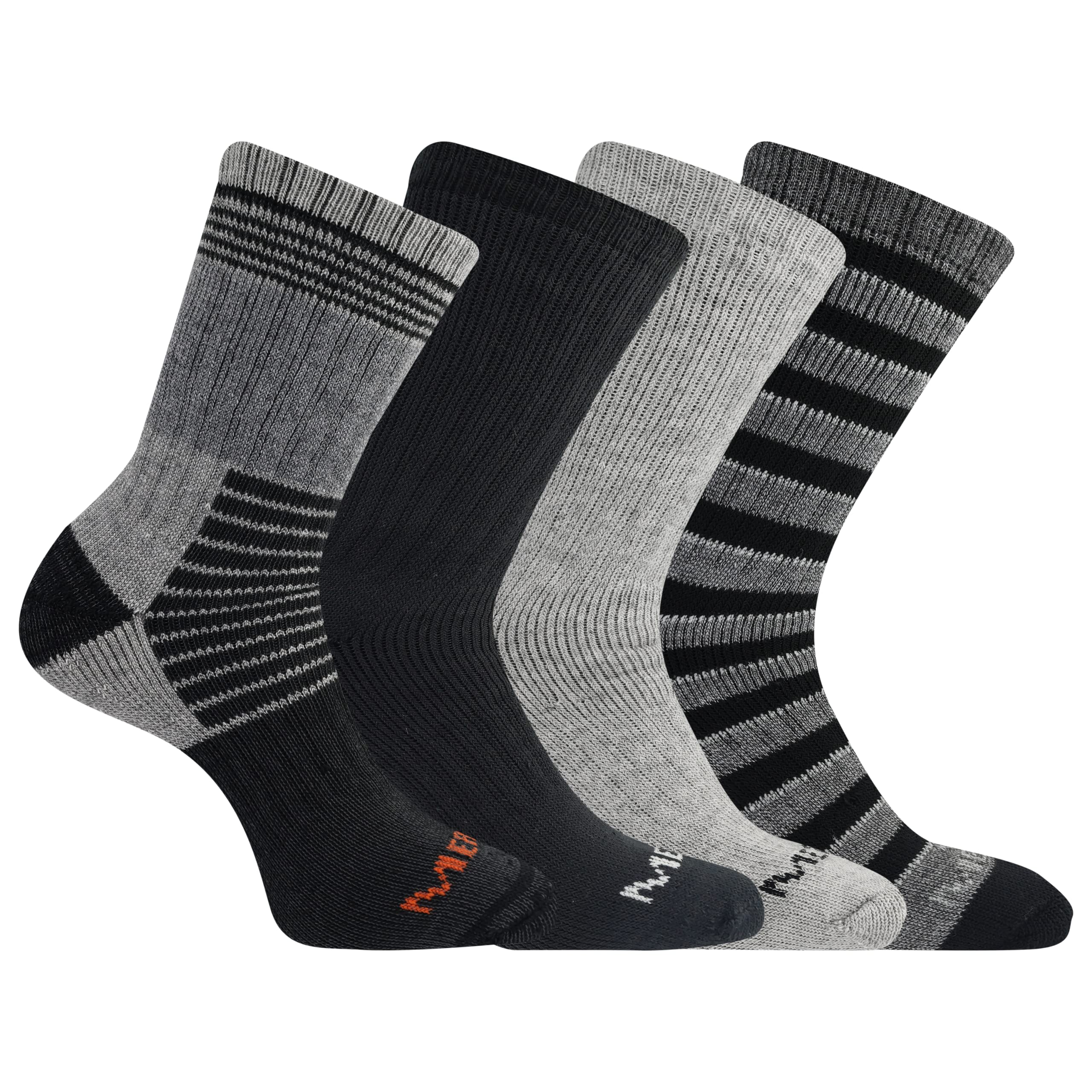 Merrell Adult's Men's and Women's Thermal Hiking Crew Socks-4 Pair Pack-Unisex Arch Support Band and Wool Blend, Black Assorted, Small-Medium