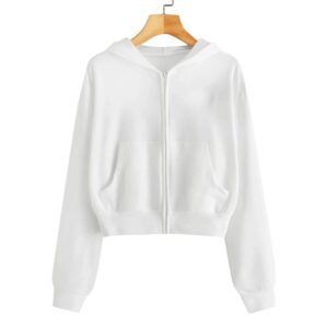 Women's Casual Drawstring Zip Up Hoodies Cute Workout Long Sleeve Crop Tops Trendy Lightweight Pockets Sweatshirts White