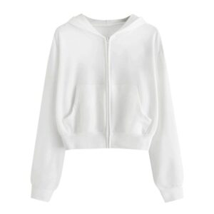 Women's Casual Drawstring Zip Up Hoodies Cute Workout Long Sleeve Crop Tops Trendy Lightweight Pockets Sweatshirts White