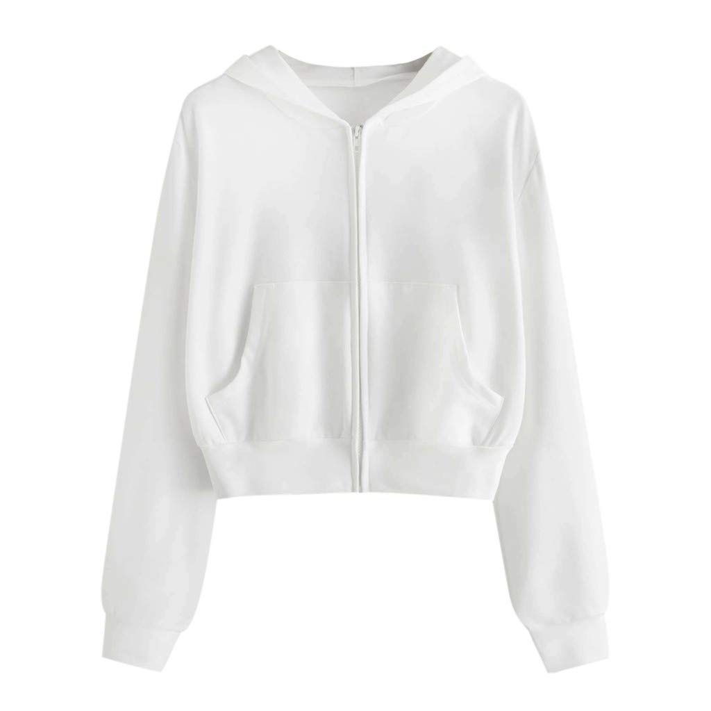 Women's Casual Drawstring Zip Up Hoodies Cute Workout Long Sleeve Crop Tops Trendy Lightweight Pockets Sweatshirts White