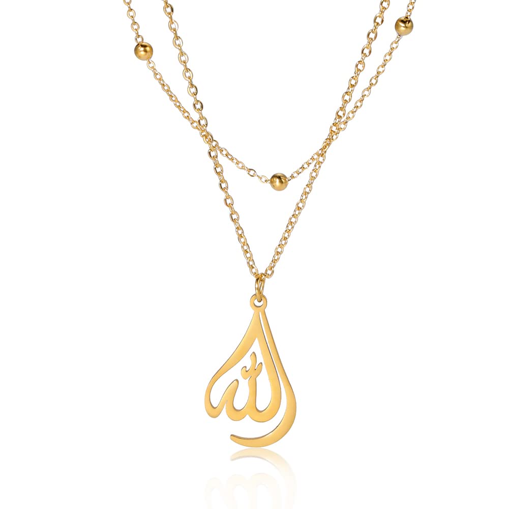 kkjoy Islamic Muslim Allah Layered Necklaces for Women Charm Stainless Steel Necklace Water Drop Heart Shape Allah Necklace Double Layer Necklace Lucky Islamic Jewelry