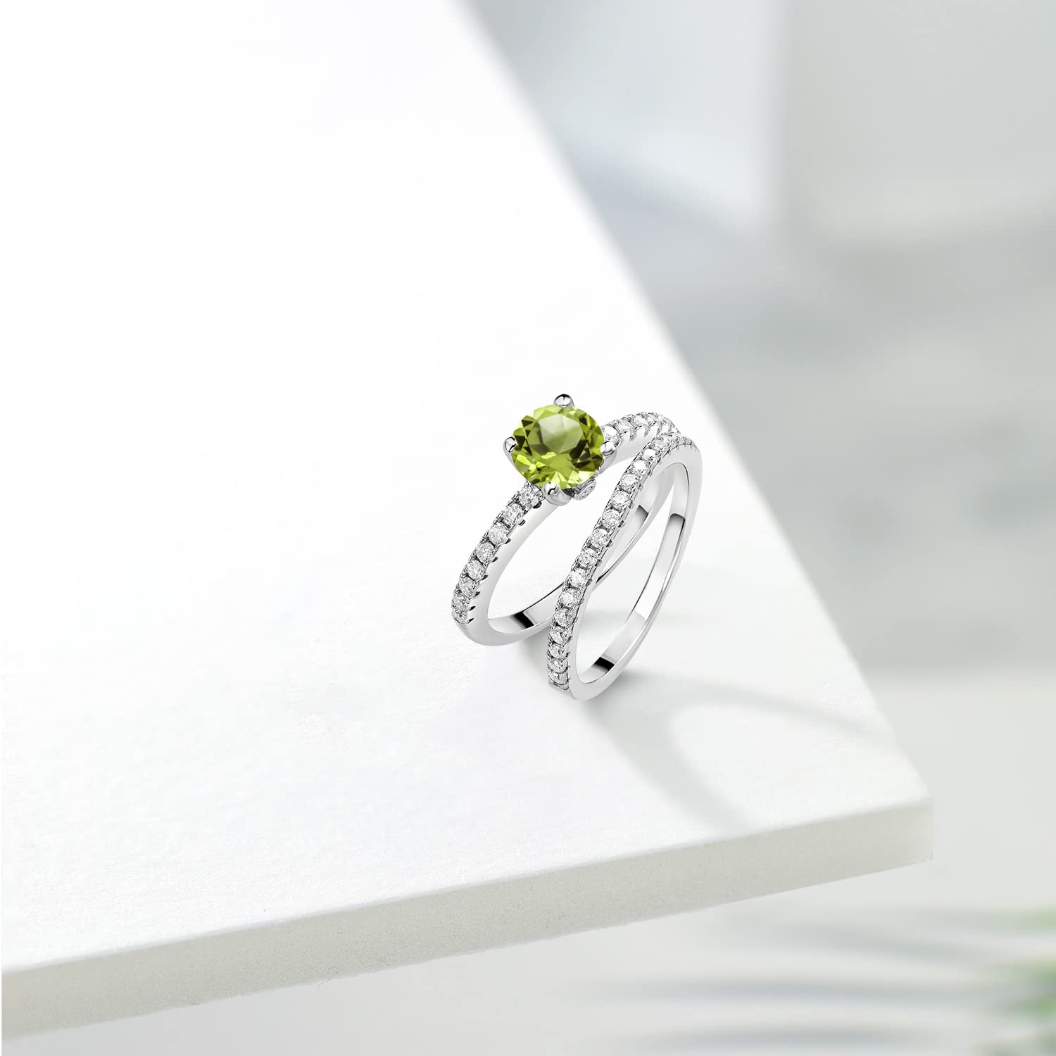 Gem Stone King 925 Sterling Silver Green Peridot and White Moissanite Wedding Engagement Band Bridal Set Ring For Women (1.49 Cttw, Gemstone August Birthstone, Available In Size 5, 6, 7, 8, 9)