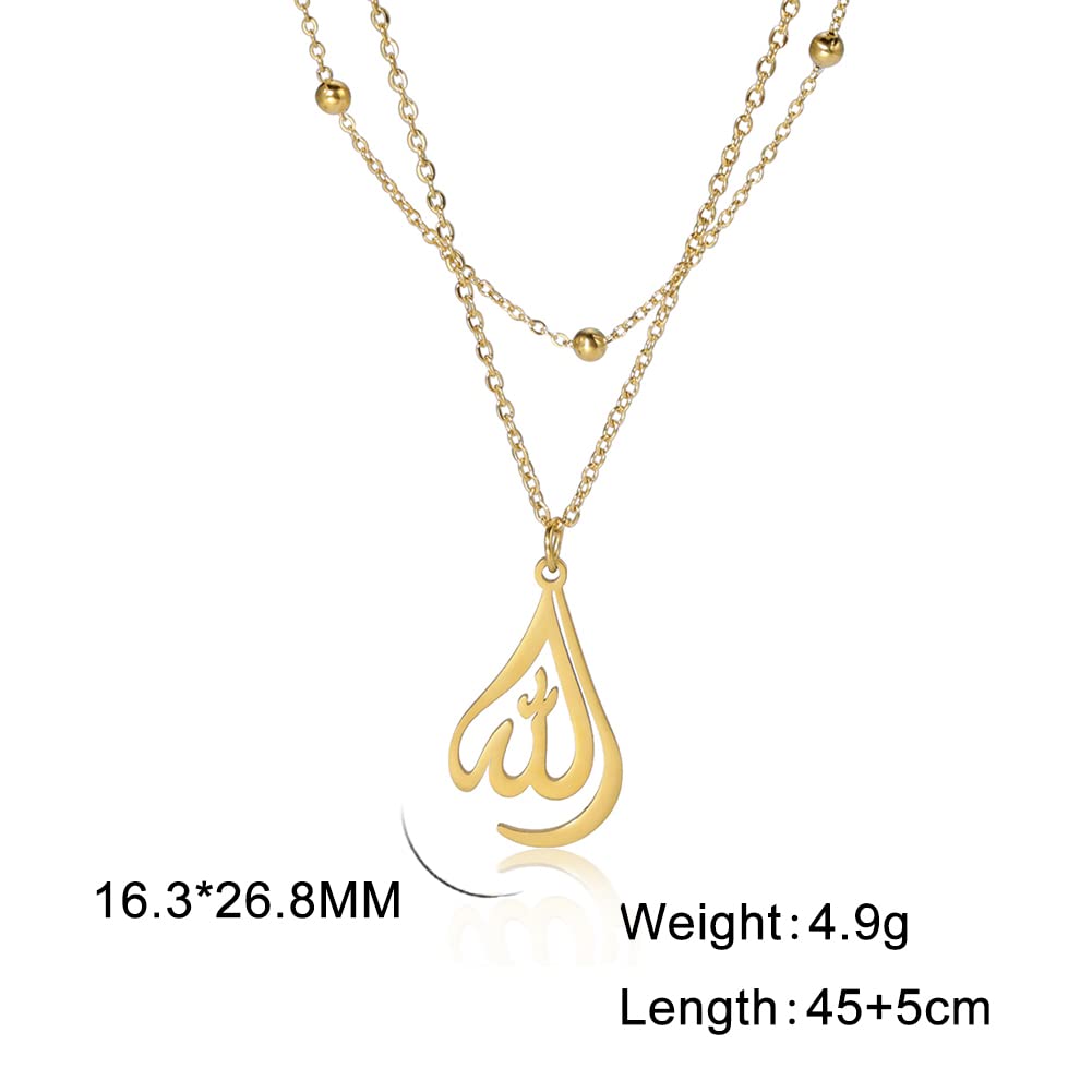 kkjoy Islamic Muslim Allah Layered Necklaces for Women Charm Stainless Steel Necklace Water Drop Heart Shape Allah Necklace Double Layer Necklace Lucky Islamic Jewelry