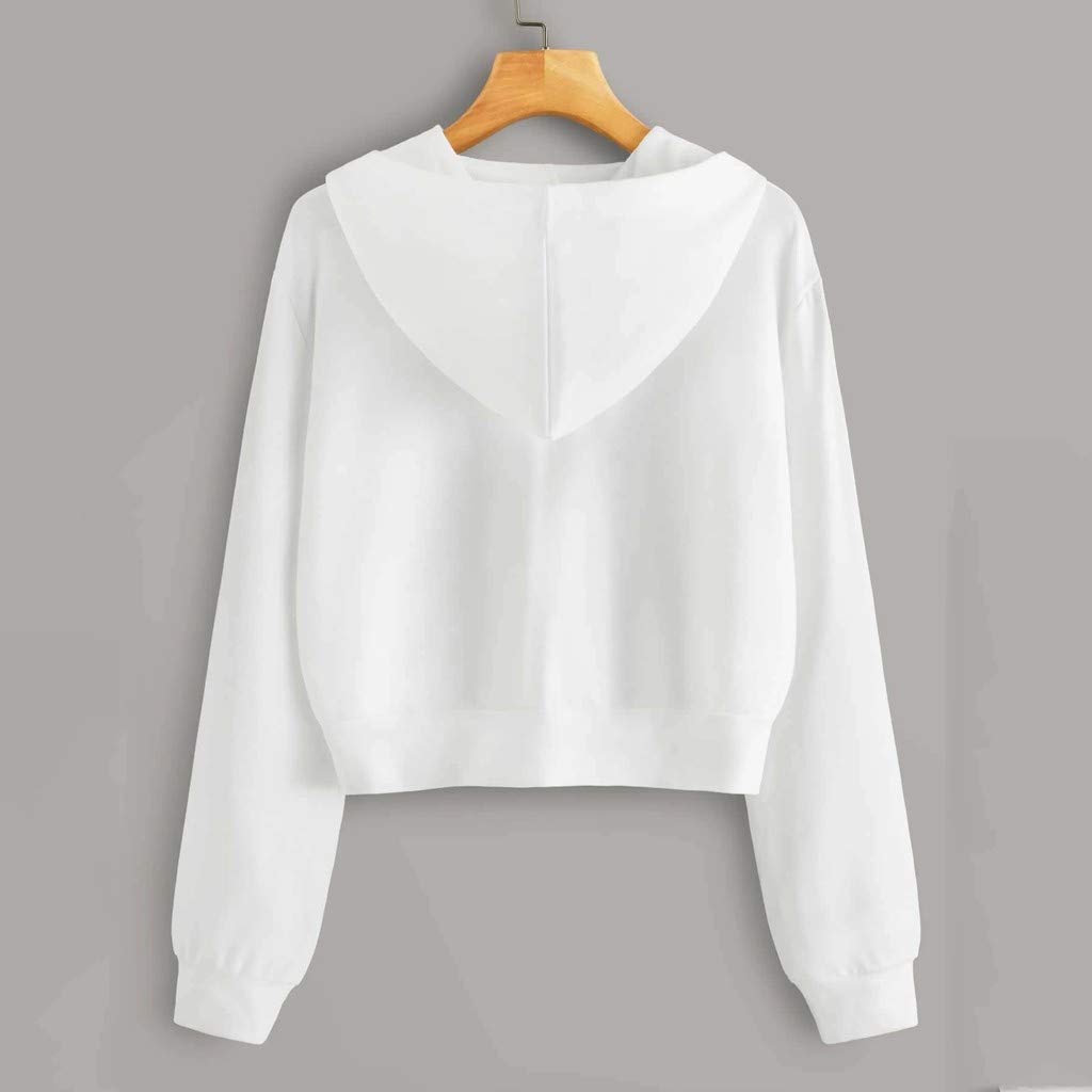 Women's Casual Drawstring Zip Up Hoodies Cute Workout Long Sleeve Crop Tops Trendy Lightweight Pockets Sweatshirts White