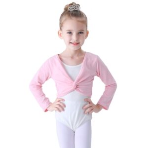 soudittur ballet wrap top cotton long sleeve dance cardigan shrug for girls black pink white 3-13 years (small, pink)