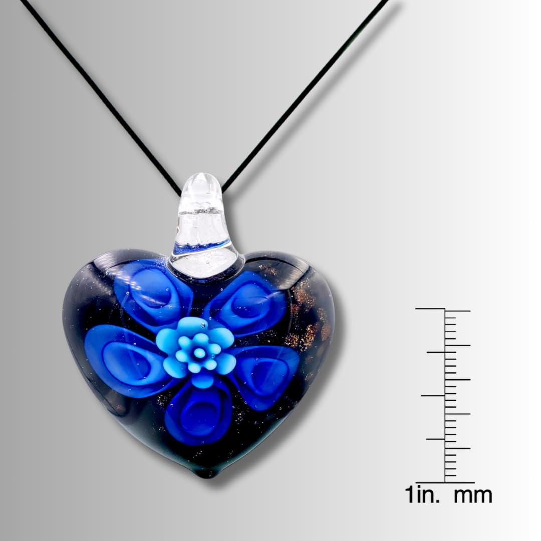 BESHEEK Handmade Murano Inspired Blown Glass Lampwork Art Flower and Heart Necklace Pendant for Women Handcrafted Artisan Hypoallergenic Italian Style Jewelry (Heart Flower Royal and Aqua Blue Glass)