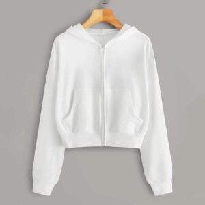 Women's Casual Drawstring Zip Up Hoodies Cute Workout Long Sleeve Crop Tops Trendy Lightweight Pockets Sweatshirts White