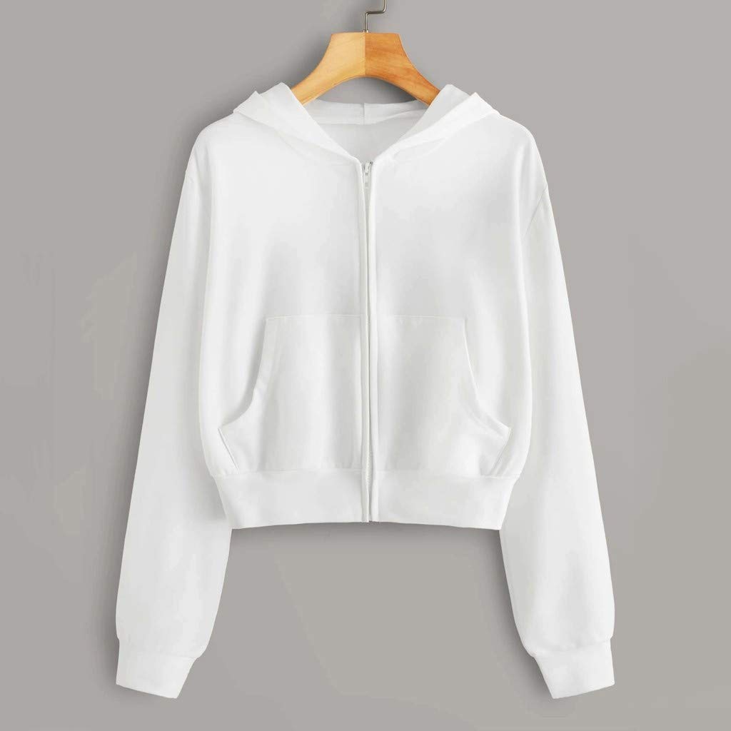 Women's Casual Drawstring Zip Up Hoodies Cute Workout Long Sleeve Crop Tops Trendy Lightweight Pockets Sweatshirts White