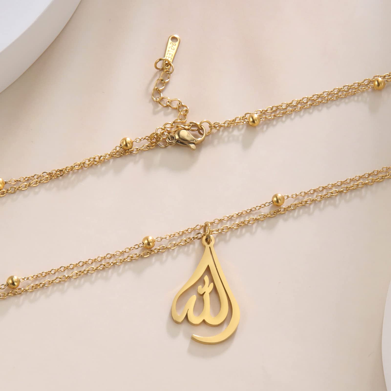 kkjoy Islamic Muslim Allah Layered Necklaces for Women Charm Stainless Steel Necklace Water Drop Heart Shape Allah Necklace Double Layer Necklace Lucky Islamic Jewelry