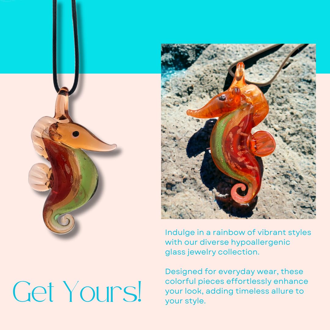 BESHEEK Handmade Murano Inspired Blown Seahorse Necklace Glass Pendant Hypoallergenic Jewelry Italian Style Glass Jewelry