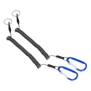 patikil 3.9ft fishing tool lanyard, 2 pack safety cord spiral lanyard tether retractable with blue metal clip keychain for boating kayak, clear black