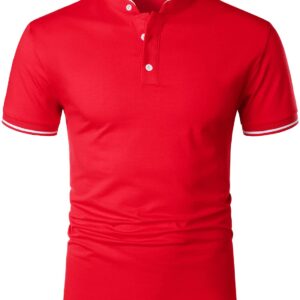 HOOD CREW Mans Fashion Short Sleeve Polo Shirts Summer Casual Band Collar Tops Shirt Red XL