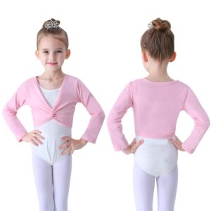 Soudittur Ballet Wrap Top Cotton Long Sleeve Dance Cardigan Shrug for Girls Black Pink White 3-13 Years (Small, Pink)