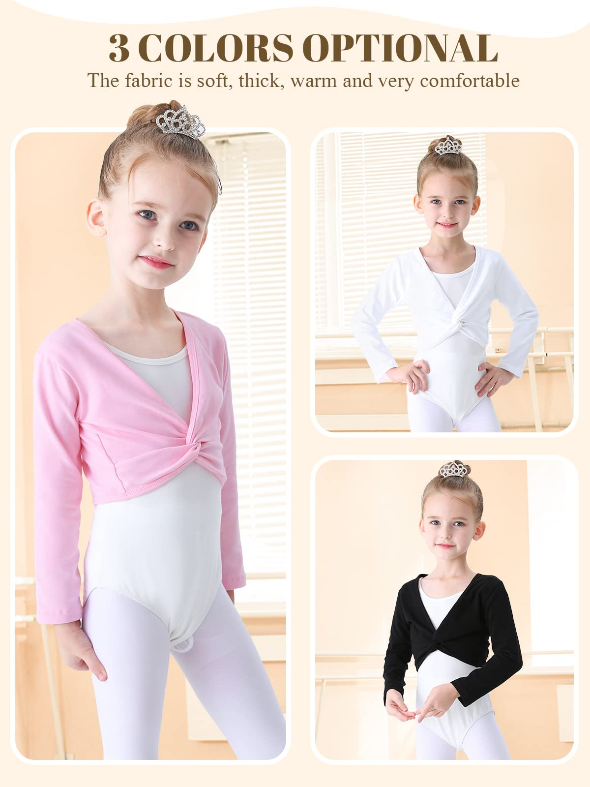 Soudittur Ballet Wrap Top Cotton Long Sleeve Dance Cardigan Shrug for Girls Black Pink White 3-13 Years (Small, Pink)