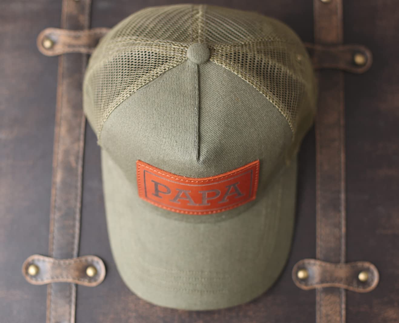 Papa Hat，Leather Patch Hat Papa for Papa Baby Announcement Gift for Papa Olive