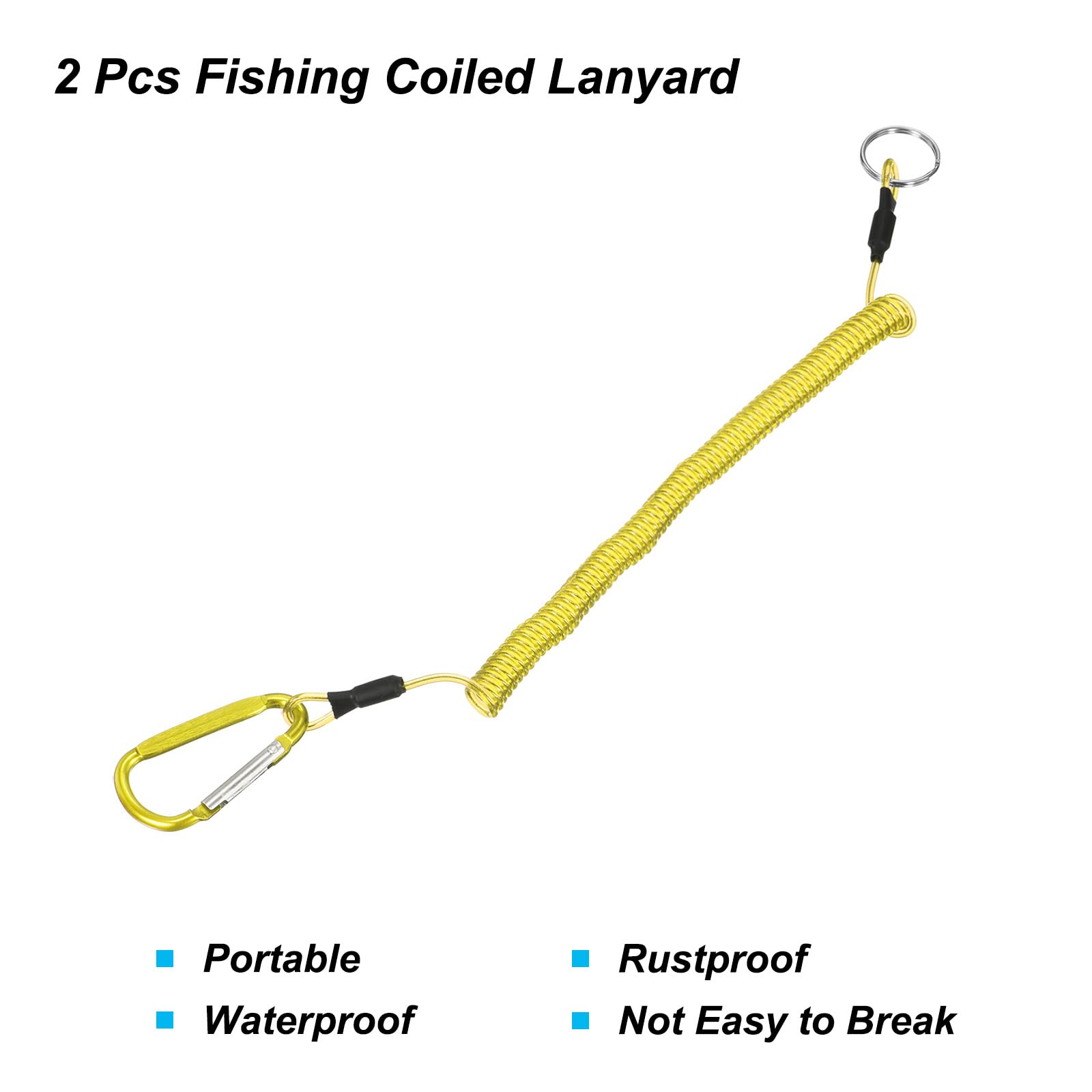 PATIKIL 6.6ft Fishing Tool Lanyard, 2 Pack Safety Cord Spiral Lanyard Tether Retractable with Metal Clip Keychain for Boating Kayak, Yellow