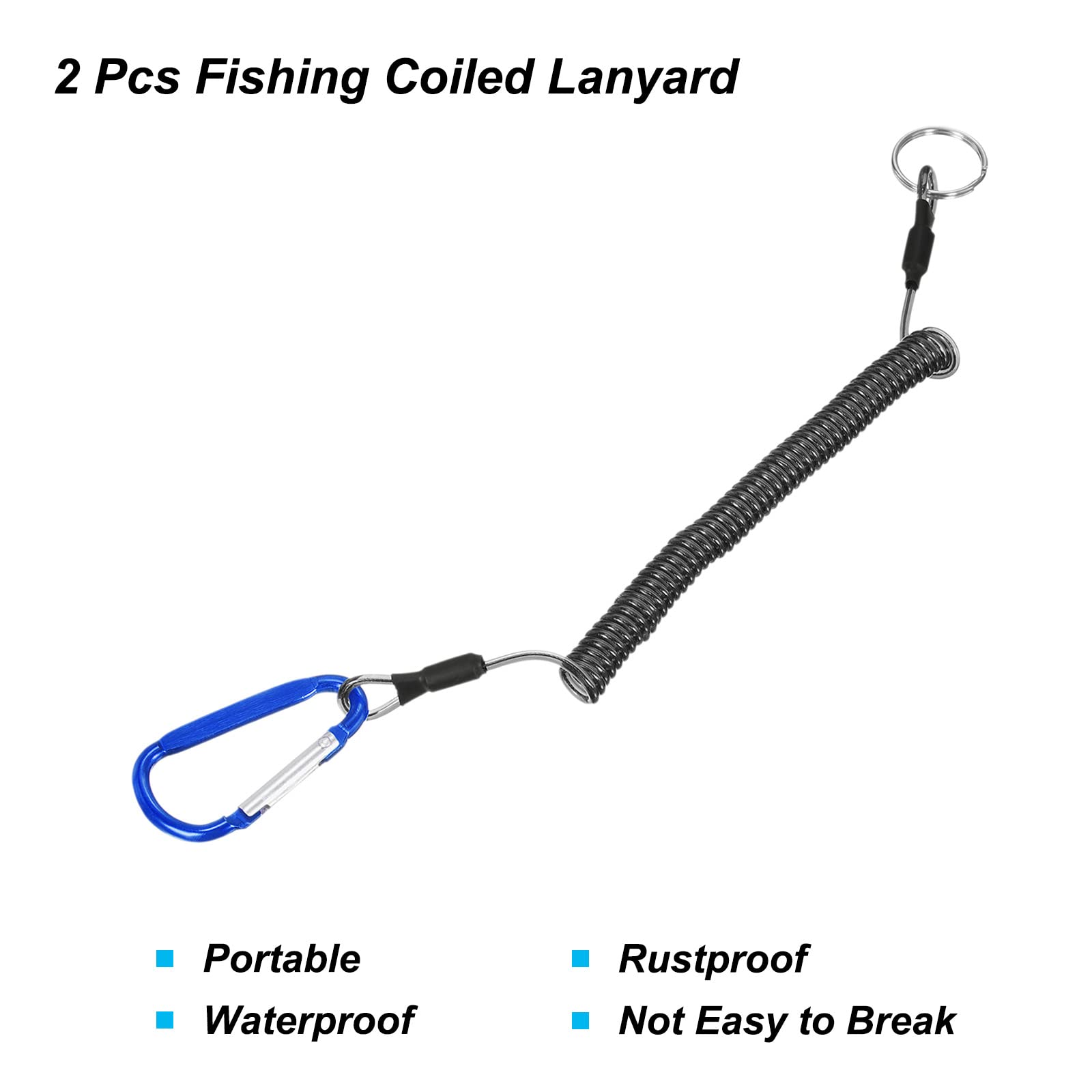 PATIKIL 3.9ft Fishing Tool Lanyard, 2 Pack Safety Cord Spiral Lanyard Tether Retractable with Blue Metal Clip Keychain for Boating Kayak, Clear Black