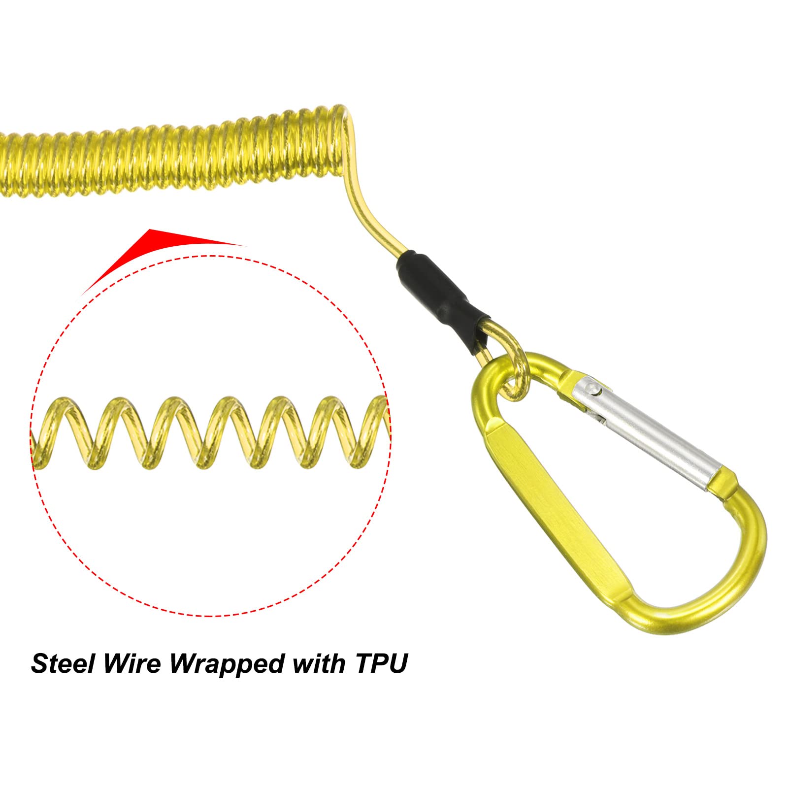 PATIKIL 6.6ft Fishing Tool Lanyard, 2 Pack Safety Cord Spiral Lanyard Tether Retractable with Metal Clip Keychain for Boating Kayak, Yellow