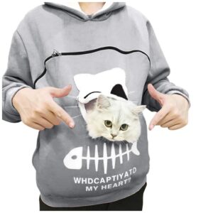 Women's Cute Pet Carrier Hoodie Kitten Puppy Holder Animal Pouch Sweatshirt Top Carry Cat Breathable Pullover Blouse Gray