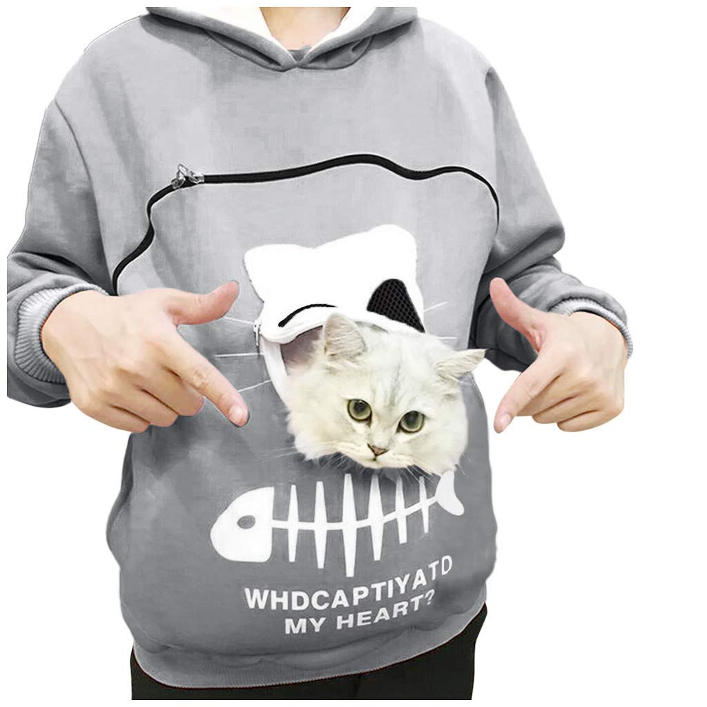 Women's Cute Pet Carrier Hoodie Kitten Puppy Holder Animal Pouch Sweatshirt Top Carry Cat Breathable Pullover Blouse Gray