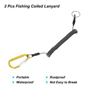 PATIKIL 3.3ft Fishing Tool Lanyard, 2 Pack Safety Cord Spiral Lanyard Tether Retractable with Yellow Metal Clip Keychain for Boating Kayak, Clear Black