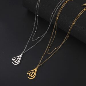 kkjoy Islamic Muslim Allah Layered Necklaces for Women Charm Stainless Steel Necklace Water Drop Heart Shape Allah Necklace Double Layer Necklace Lucky Islamic Jewelry