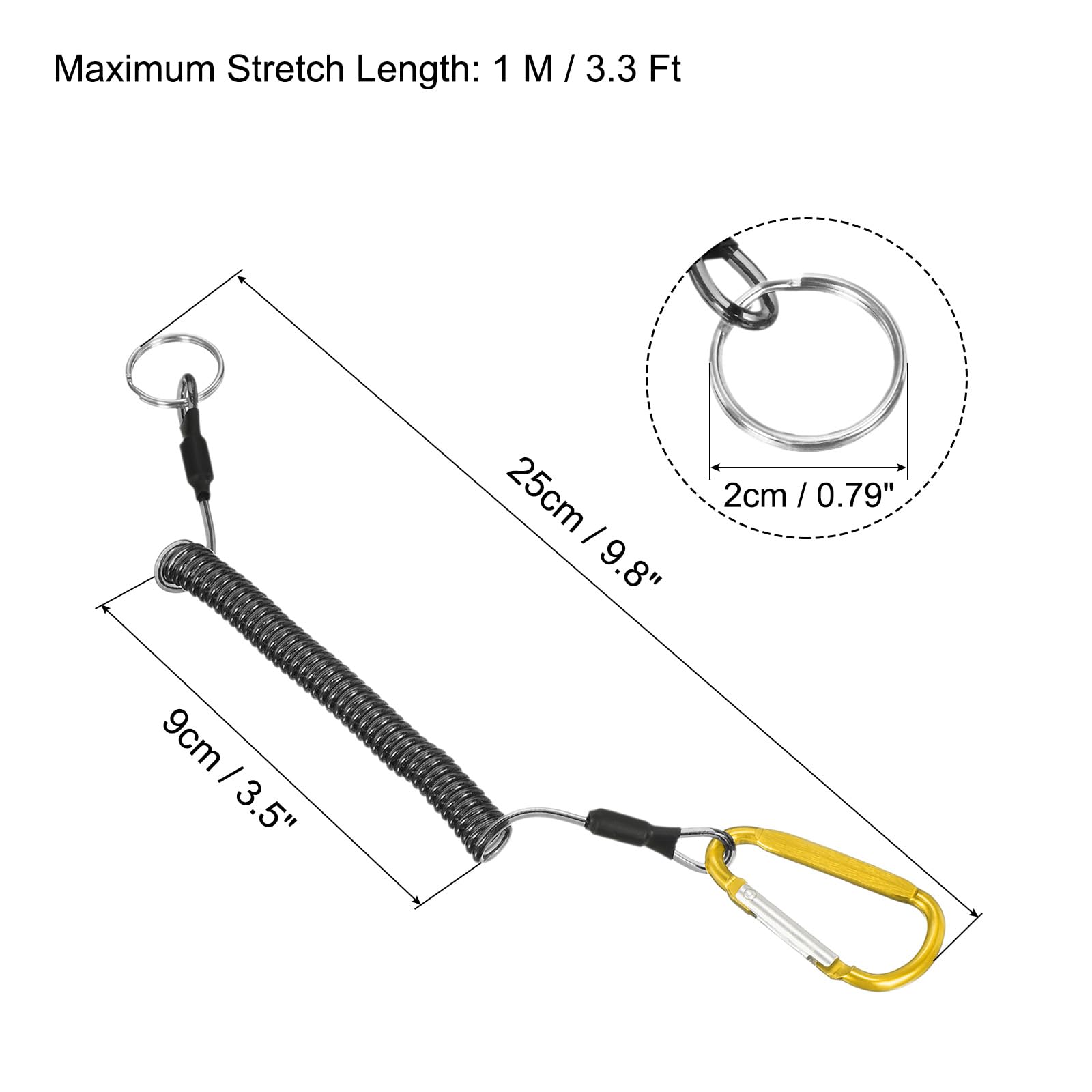 PATIKIL 3.3ft Fishing Tool Lanyard, 2 Pack Safety Cord Spiral Lanyard Tether Retractable with Yellow Metal Clip Keychain for Boating Kayak, Clear Black