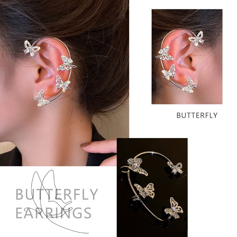 2 Pcs Butterfly Ear Cuff,Butterfly Earrings Ear Cuffs for Women Non Piercing Butterfly Cuff Earrings Rhinestone Ear Wrap Earrings