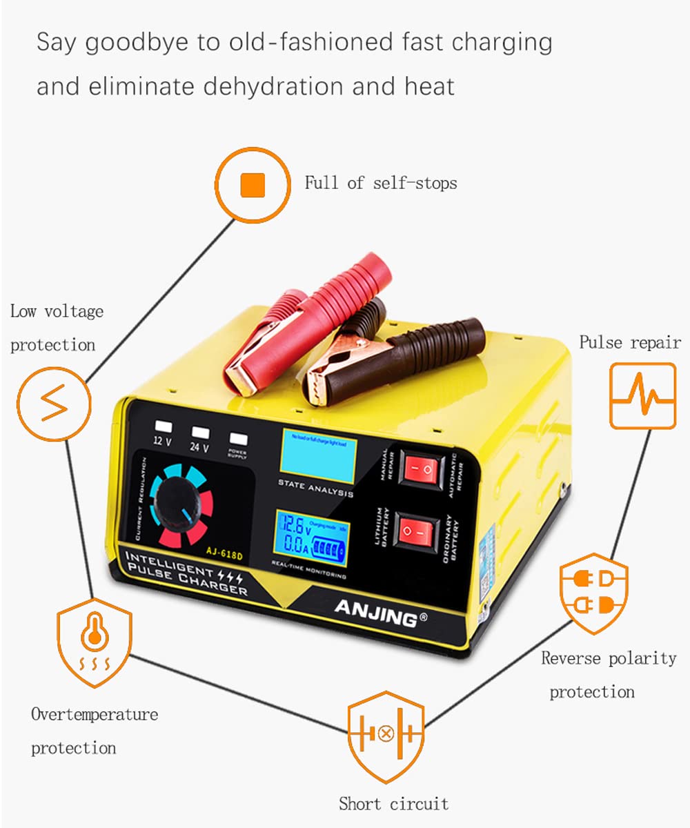 12V 24V Car Battery Charger, 15A Lead-Acid Lithium Battery Charger, Smart Trickle Charger Maintainer, Deep Cycle Battery Repair Charger Automotive Desulfator for Car Motorcycle Truck Boat Lawn Mower