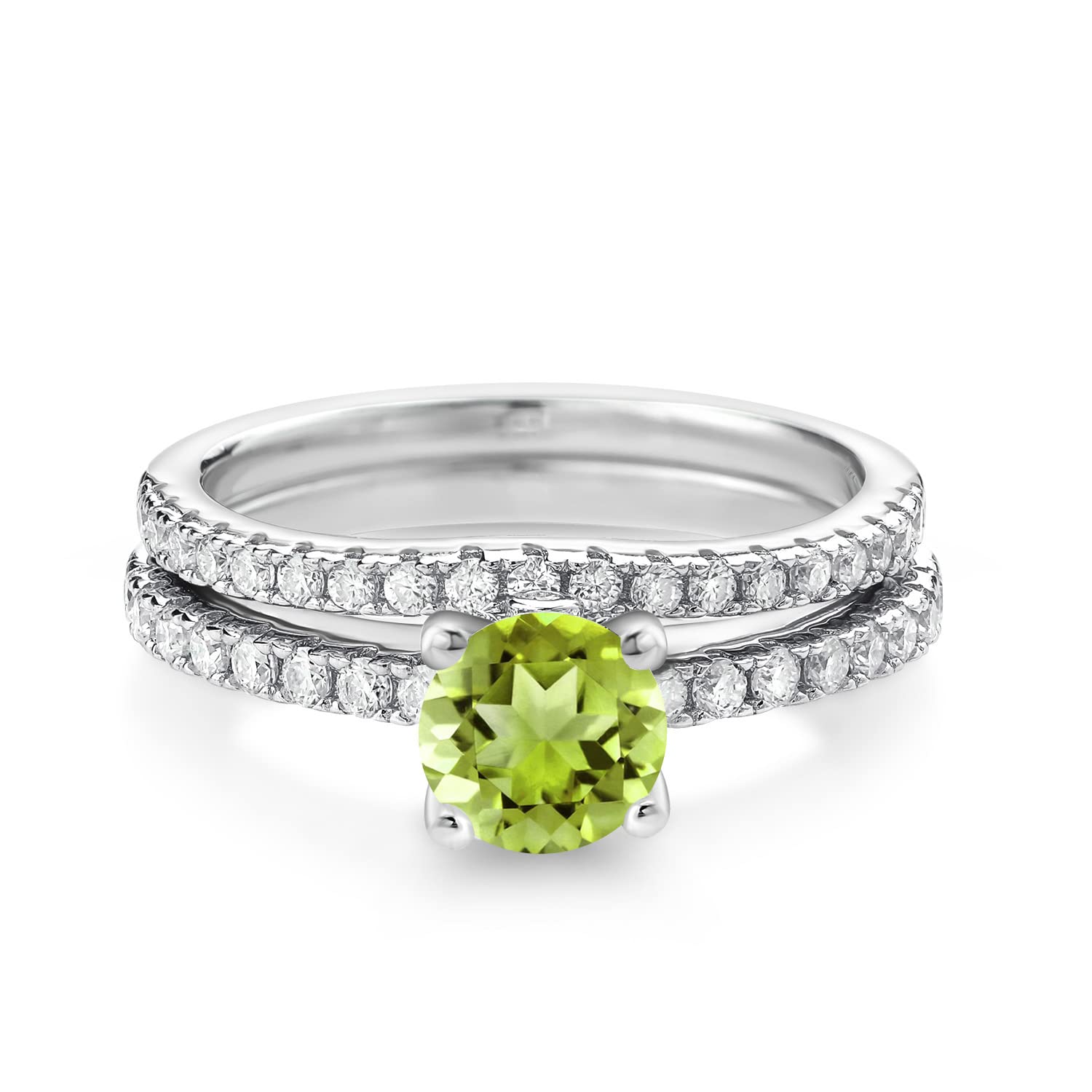 Gem Stone King 925 Sterling Silver Green Peridot and White Moissanite Wedding Engagement Band Bridal Set Ring For Women (1.49 Cttw, Gemstone August Birthstone, Available In Size 5, 6, 7, 8, 9)