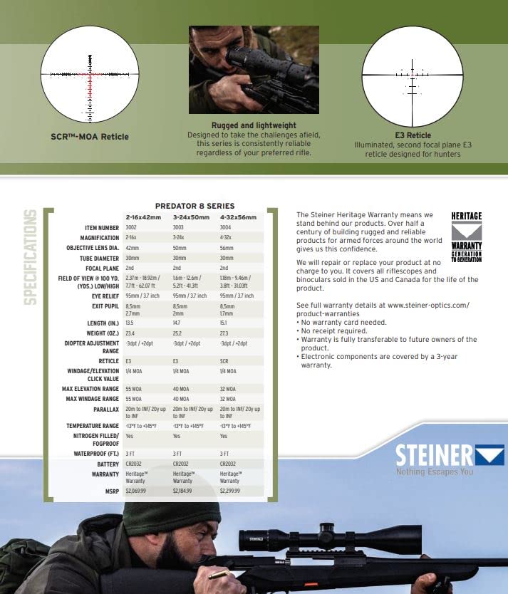 Steiner 3003 Predator 8 3-24x50mm E3 Reticle & Ballistic Turret