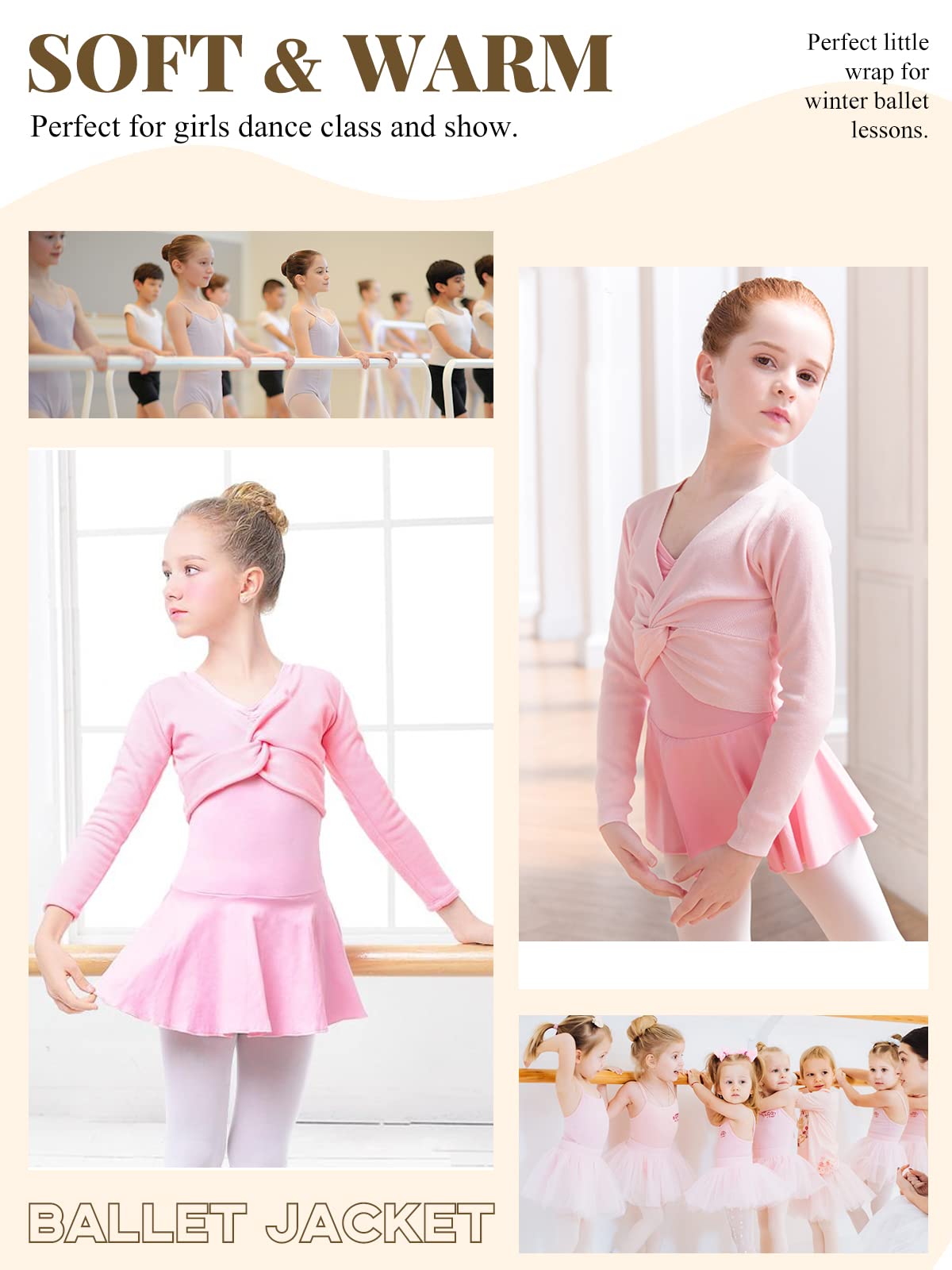 Soudittur Ballet Wrap Top Cotton Long Sleeve Dance Cardigan Shrug for Girls Black Pink White 3-13 Years (Small, Pink)