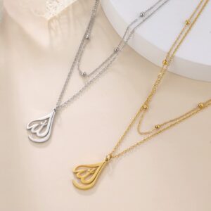 kkjoy Islamic Muslim Allah Layered Necklaces for Women Charm Stainless Steel Necklace Water Drop Heart Shape Allah Necklace Double Layer Necklace Lucky Islamic Jewelry