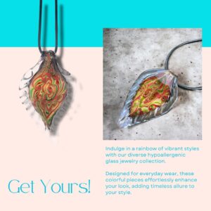 BESHEEK Handmade Murano Inspired Blown Abstract Glass Lampwork Art Pendant Necklace for Women Handcrafted Artisan Hypoallergenic Italian Style Jewelry (Clear Goldtone Leaf Red/Green)