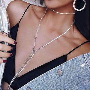 Chennie Rhinestone Choker Necklace Silver Crystal Long Necklaces Fashion Y-Necklaces Party Sparkly Adjustable Chain Jewerly for Women and Girls