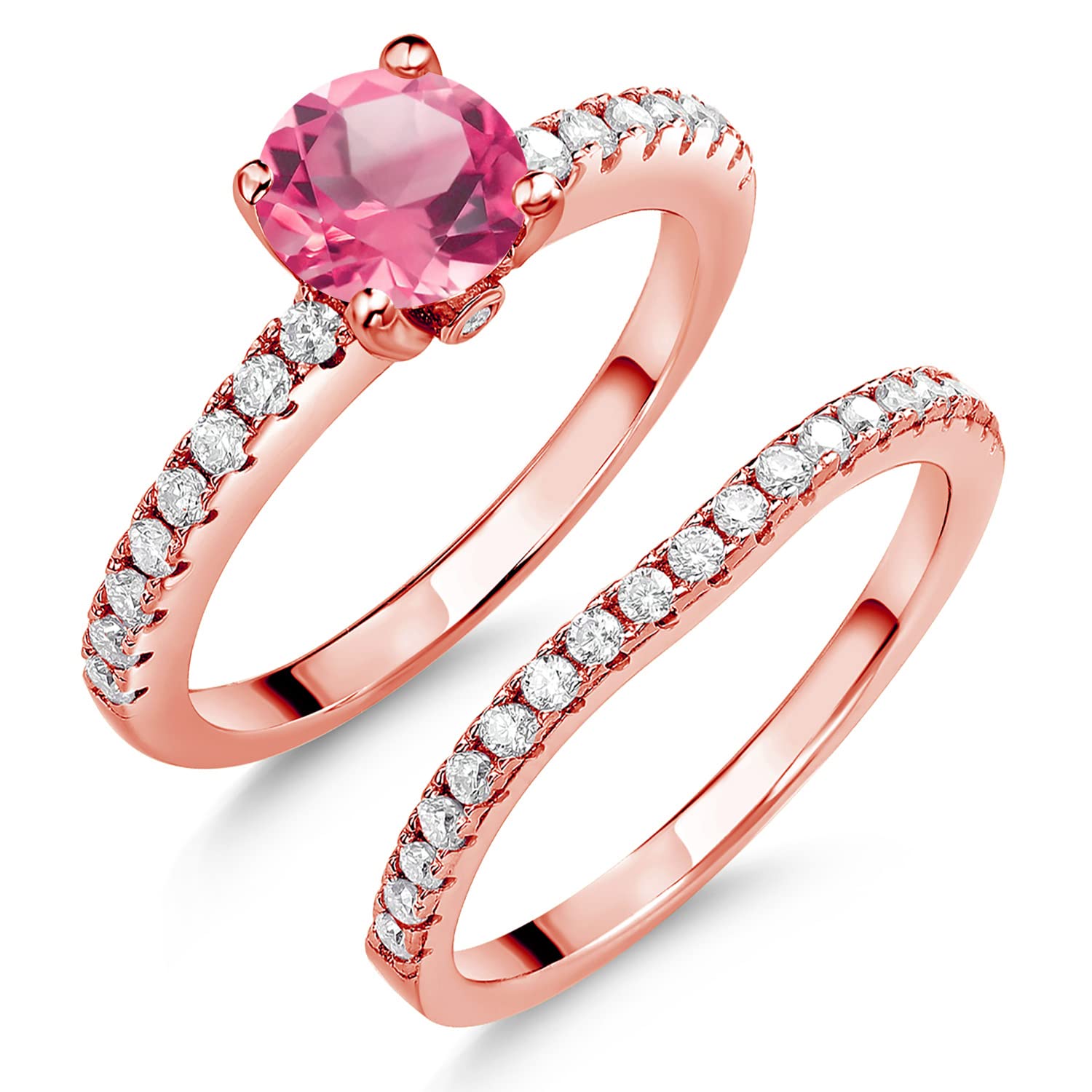 Gem Stone King 18K Rose Gold Plated Silver Pink Mystic Topaz and White Moissanite Wedding Engagement Band Bridal Set Ring For Women (1.99 Cttw, Gemstone, Available In Size 5, 6, 7, 8, 9)