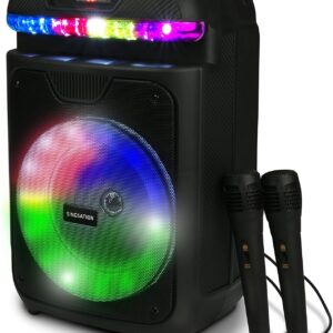 Singsation Portable Karaoke Machine, Two Microphones, 5.0 Bluetooth, 8" Driver Loudspeaker, Remote Control and LED Lights, Rechargeable, USB and Micro SD Music File Reader, AUX and FM for Party