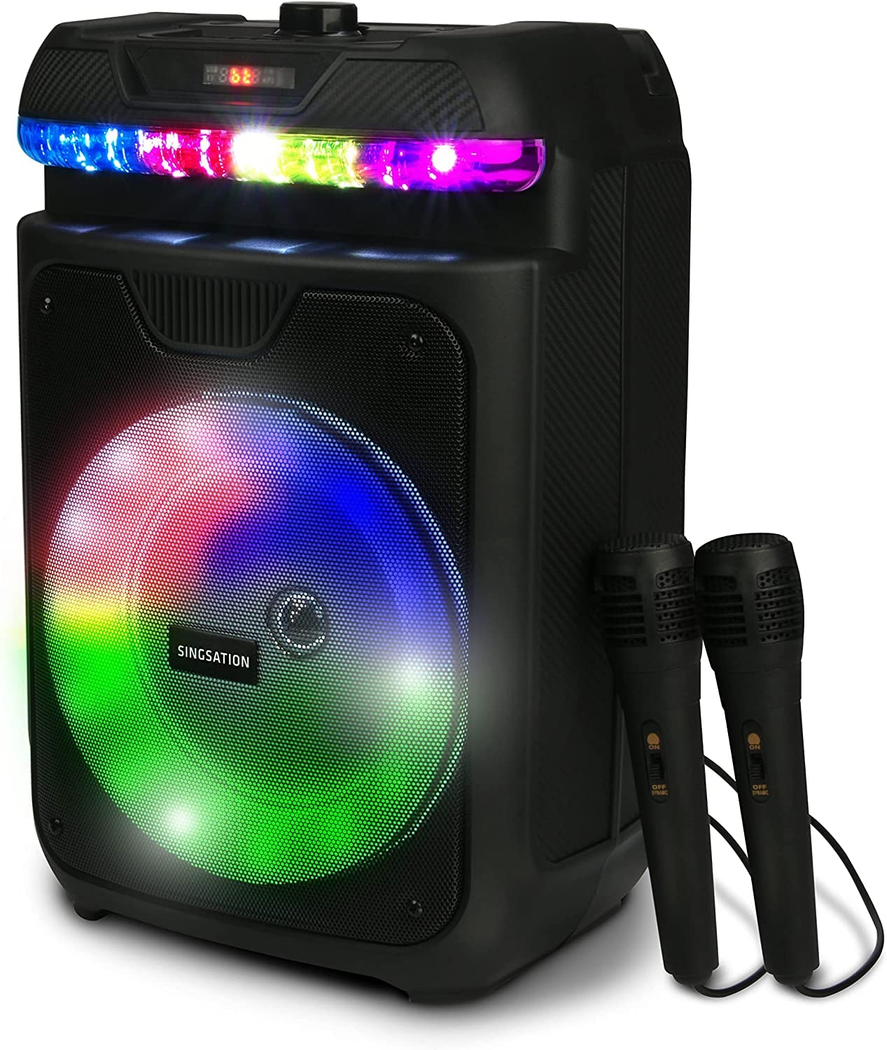 Singsation Portable Karaoke Machine, Two Microphones, 5.0 Bluetooth, 8" Driver Loudspeaker, Remote Control and LED Lights, Rechargeable, USB and Micro SD Music File Reader, AUX and FM for Party