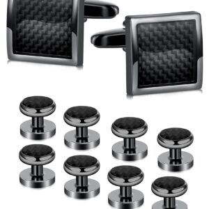 Ofeiyaa 10pcs Square Cufflinks And Shirt Stud Formal Men Classic Cufflinks Tuxedo Buttons Set Black Tone Tuxedo Shirts for Business Wedding