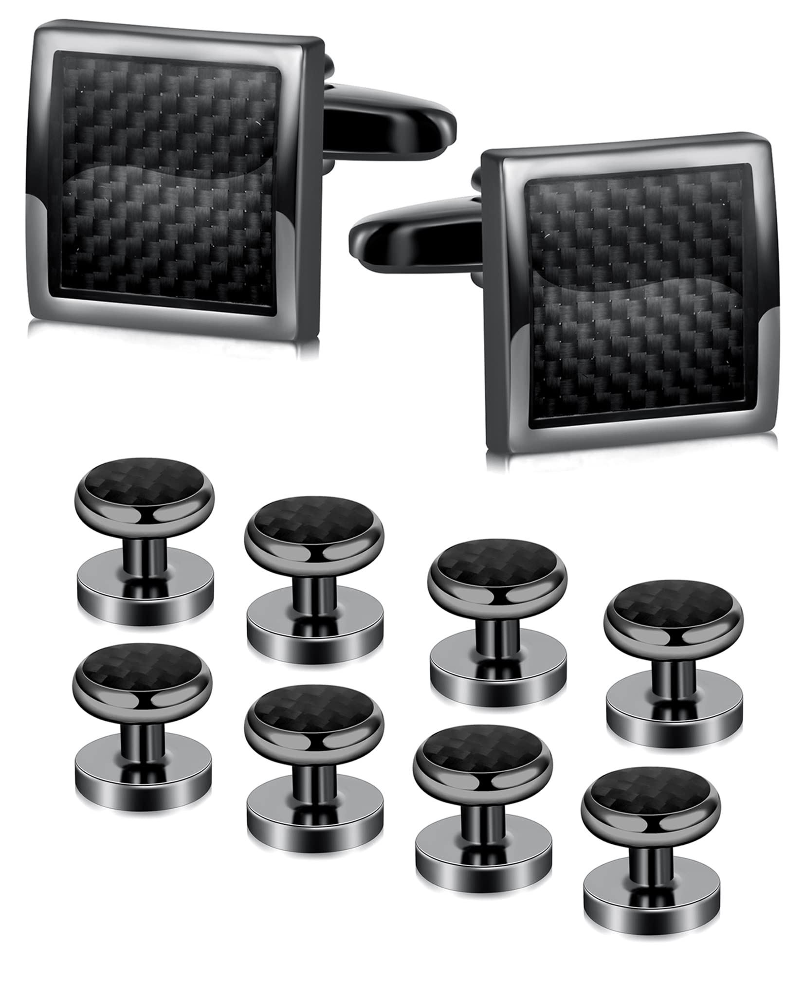 Ofeiyaa 10pcs Square Cufflinks And Shirt Stud Formal Men Classic Cufflinks Tuxedo Buttons Set Black Tone Tuxedo Shirts for Business Wedding