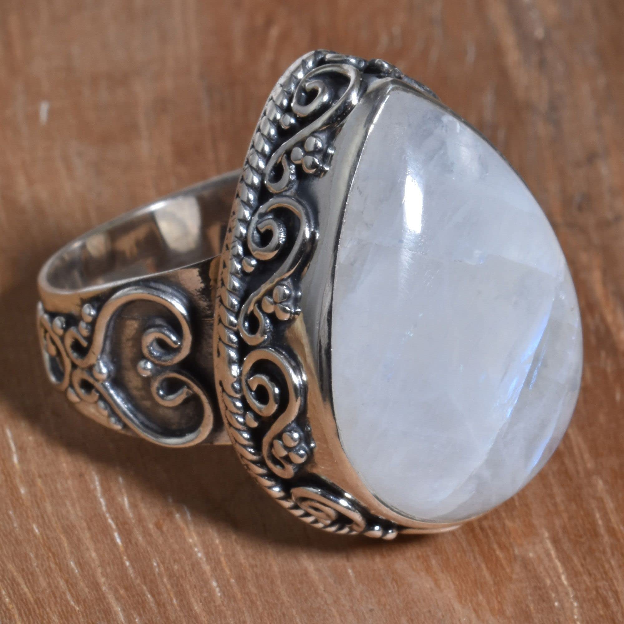 Silver Palace Natural Rainbow Moonstone 925 Sterling Silver Handmade Teardrop Ring For Unisex