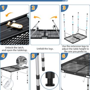 Sportneer Grill Table for Outside, 3ft(L) x 2ft(W) Height Adjustable Camping Table Lightweight Aluminum Folding Portable Metal Folding Outdoor Grill Table for Camping Cooking BBQ RV Picnic (Black)