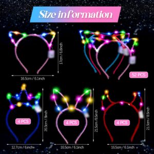 Xinnun 64 Pieces Light up Cat Ears Headband Bulk LED Bunny Ears Glow in Dark Cat Ears Luminous Hairbands Party Supplies for Women Adult Costume