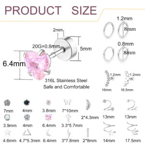 Stainless Steel Earrings,Staligue 19 Pairs Flat Back Earrings and Cartilage Hoop Earrings for Women Hypoallergenic Flat Back Stud Earrings Heart Opal Star Moon 20g Tiny Screw Back Cartilage Earring