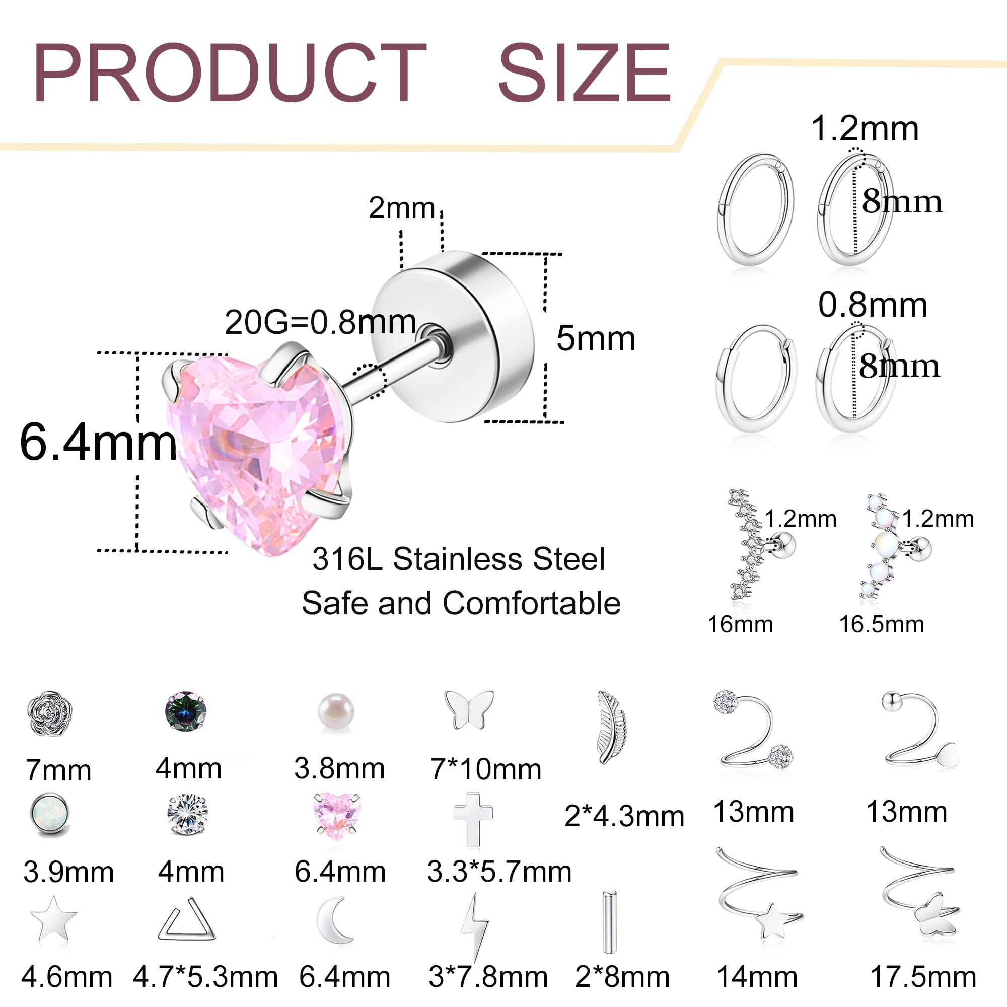 Stainless Steel Earrings,Staligue 19 Pairs Flat Back Earrings and Cartilage Hoop Earrings for Women Hypoallergenic Flat Back Stud Earrings Heart Opal Star Moon 20g Tiny Screw Back Cartilage Earring