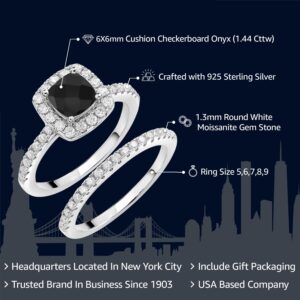 Gem Stone King 925 Sterling Silver Black Onyx and White Moissanite Wedding Engagement Ring Band Bridal Set For Women (1.44 Cttw, Gemstone Birthstone, Available In Size 5, 6, 7, 8, 9)