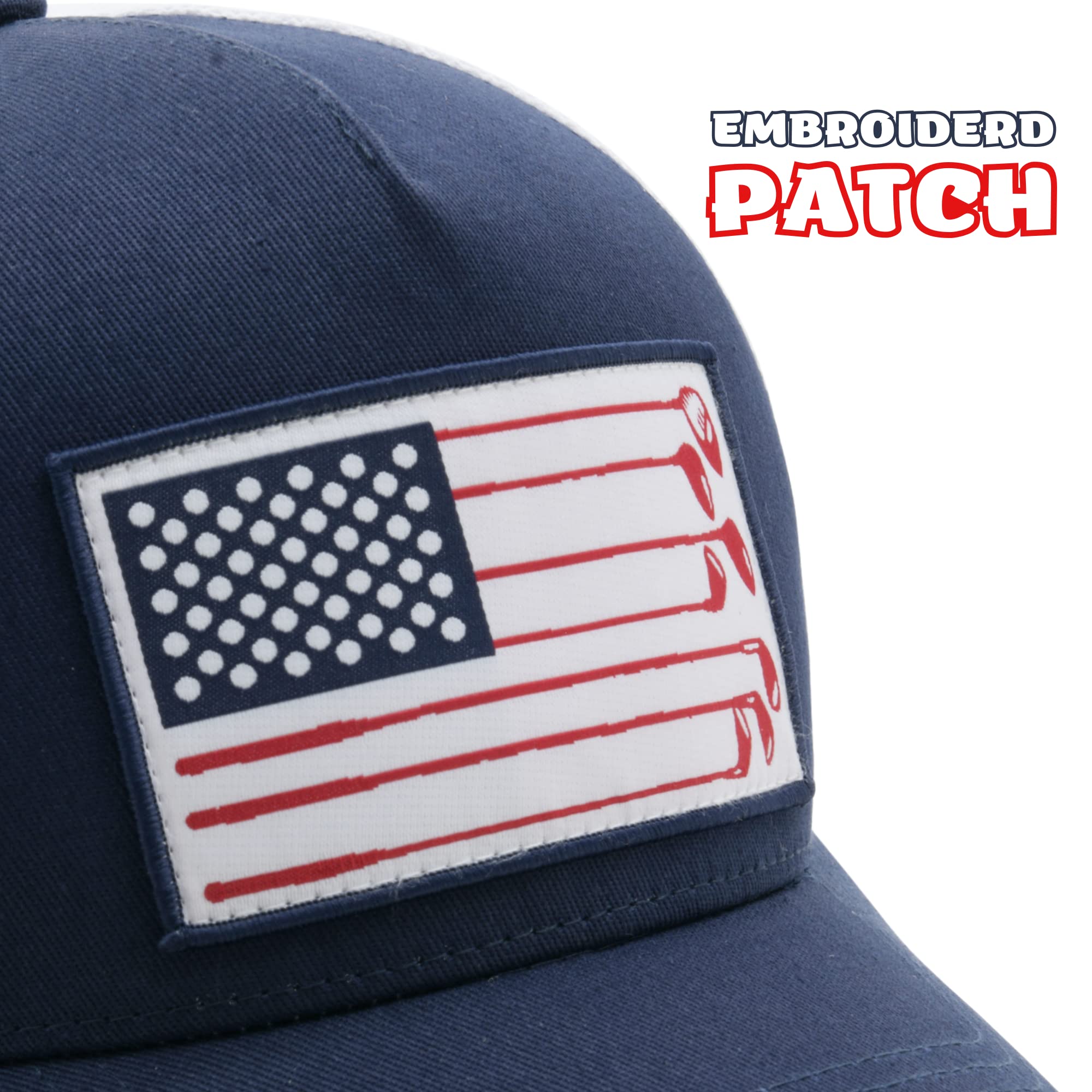 American Golf USA Flag Trucker Hats Lucky Golfing Mens Cap Embroidered Patch Mesh Back Snapback Hat - Great Gifts for Golfer (Navy)