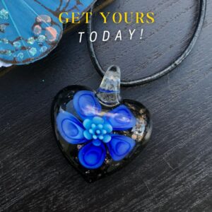 BESHEEK Handmade Murano Inspired Blown Glass Lampwork Art Flower and Heart Necklace Pendant for Women Handcrafted Artisan Hypoallergenic Italian Style Jewelry (Heart Flower Royal and Aqua Blue Glass)