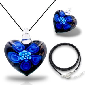 BESHEEK Handmade Murano Inspired Blown Glass Lampwork Art Flower and Heart Necklace Pendant for Women Handcrafted Artisan Hypoallergenic Italian Style Jewelry (Heart Flower Royal and Aqua Blue Glass)