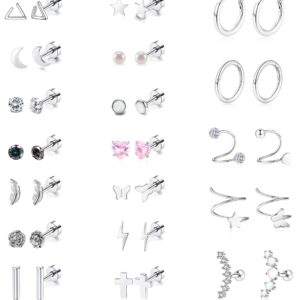 Stainless Steel Earrings,Staligue 19 Pairs Flat Back Earrings and Cartilage Hoop Earrings for Women Hypoallergenic Flat Back Stud Earrings Heart Opal Star Moon 20g Tiny Screw Back Cartilage Earring